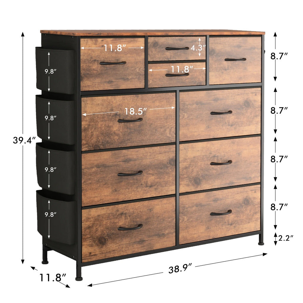 Brown 10 Drawer Fabric Dresser with Side Pockets and Hooks F656