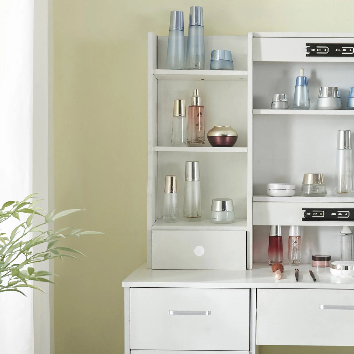 White Vanity Desk with LED Lighted Sliding Mirror and Stool N969