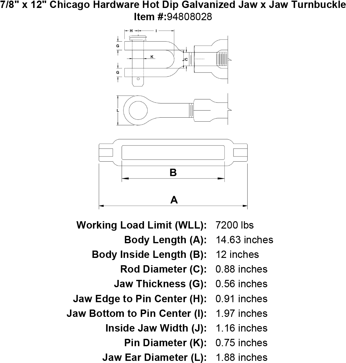 7/8 x 12 Hot Dip Galvanized Jaw x Jaw Turnbuckle D378904
