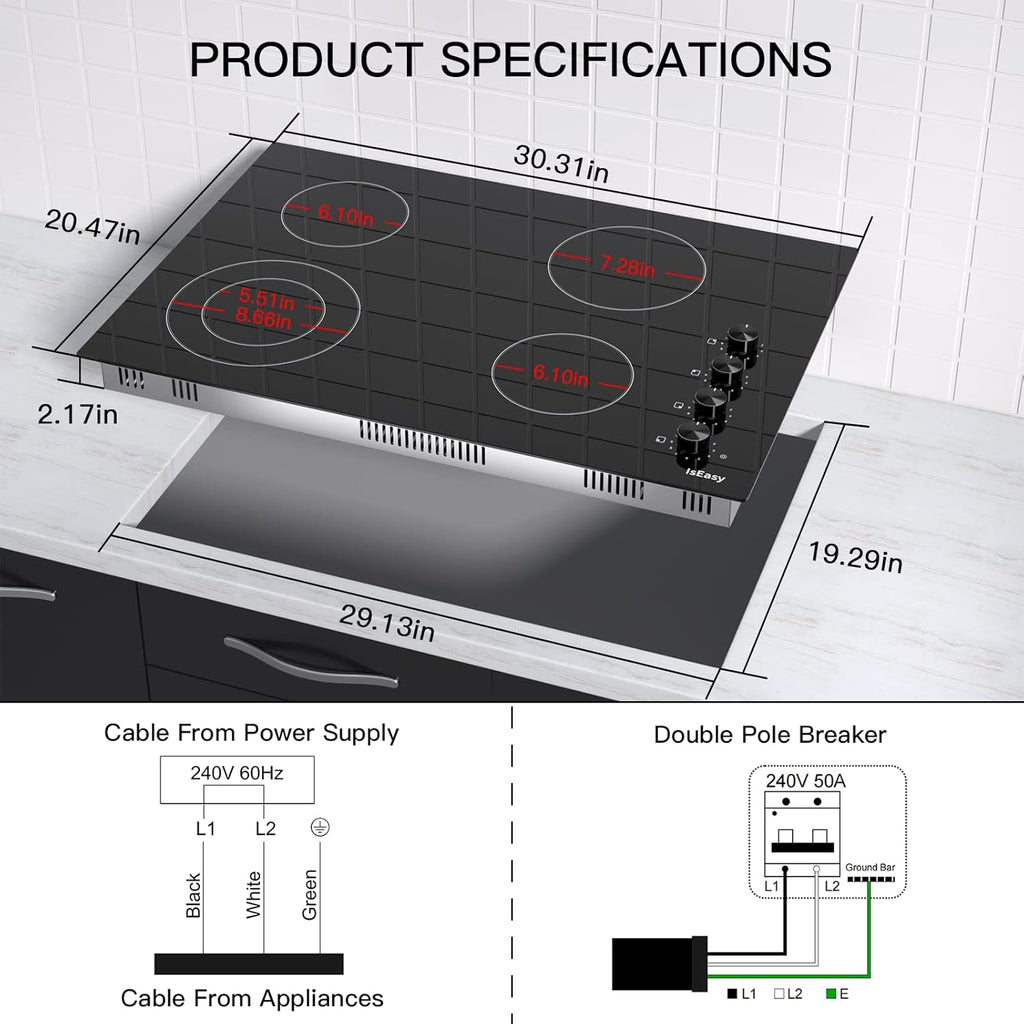 Black 30 Inch 4 Burners Ceramic Drop-in Radiant Cooktop E543