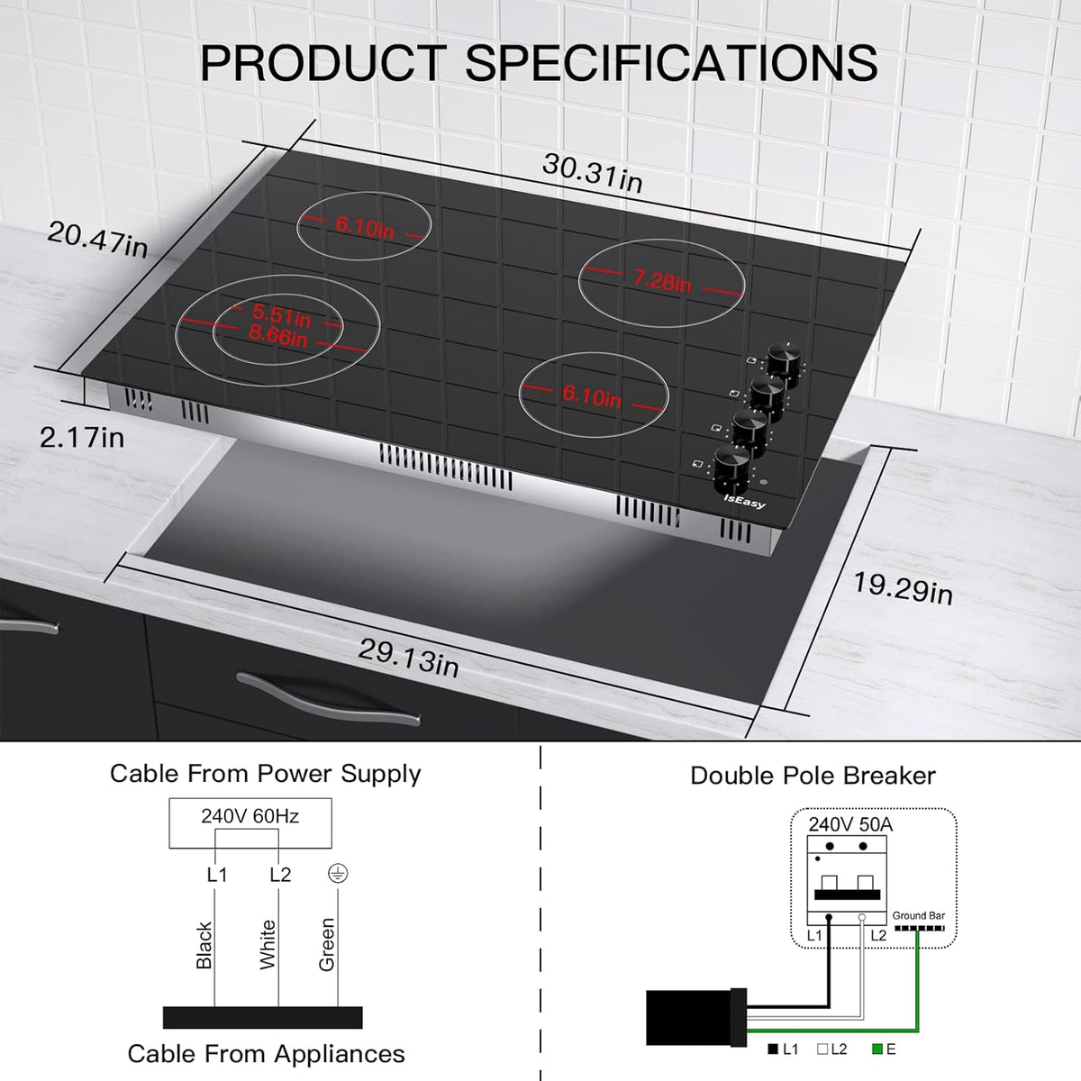 Black 30 Inch 4 Burners Ceramic Drop-in Radiant Cooktop E543