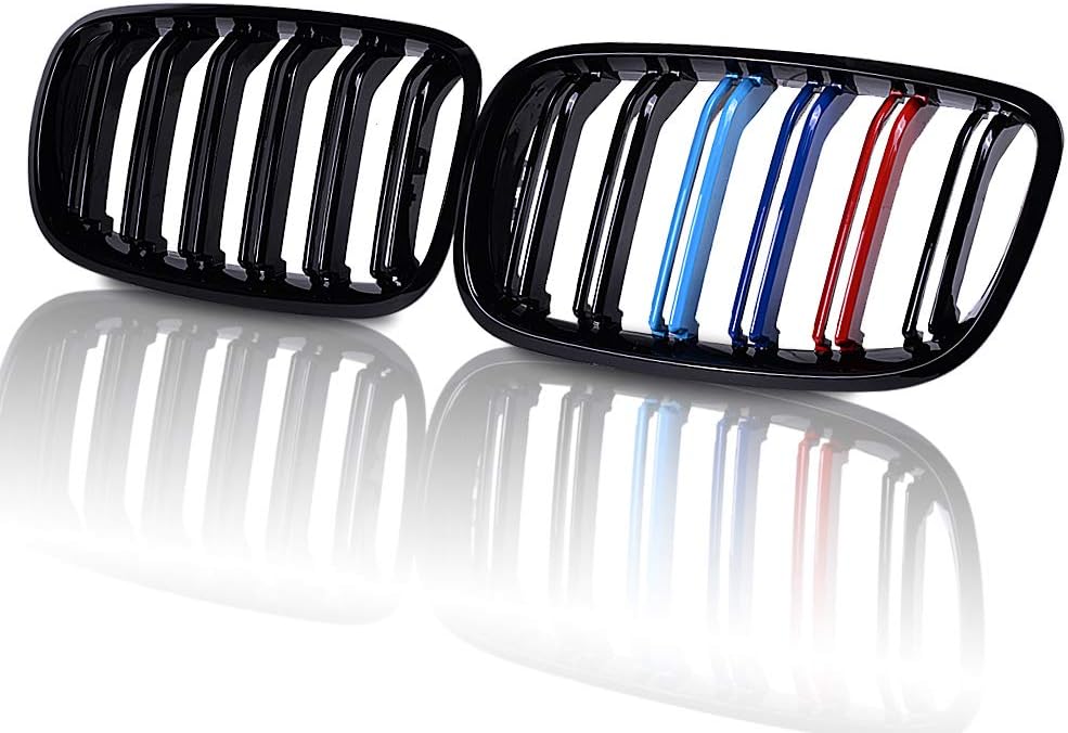 Pair Front Kidney Grille Glossy Black Double Line Dual Slat Fin Pack of 2 J431903