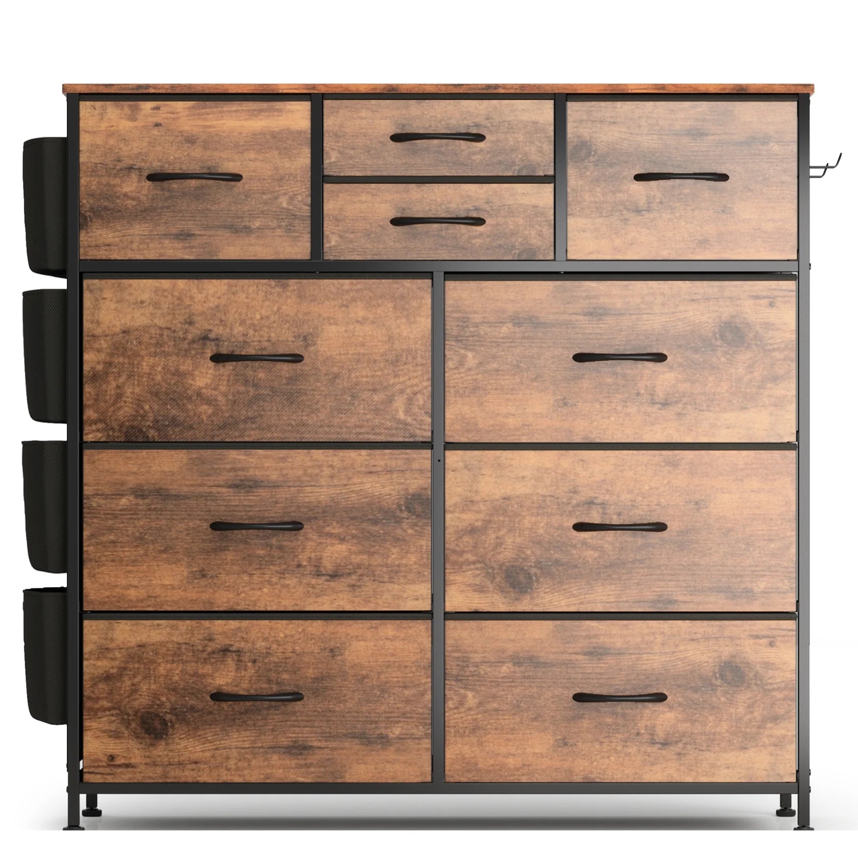 Brown 10 Drawer Fabric Dresser with Side Pockets and Hooks F656
