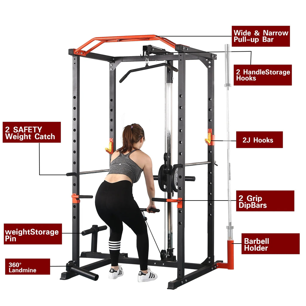 1400LBS Power Rack Cage with Cables, LAT Pulldown System, J-Hooks, Dip Bars, Pull-up Bar G9117