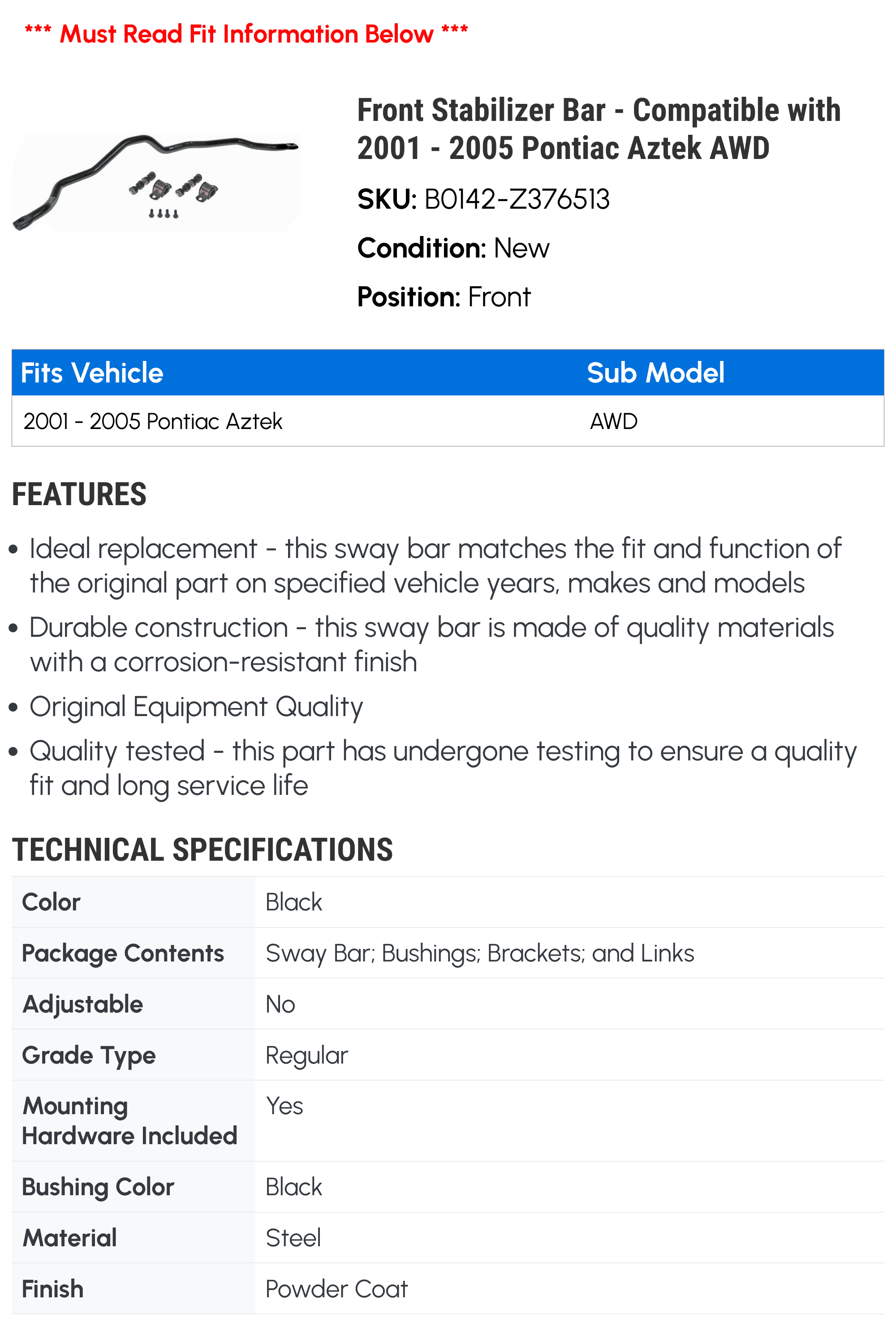 Front Stabilizer Bar for Pontiac Aztek AWD Z40365