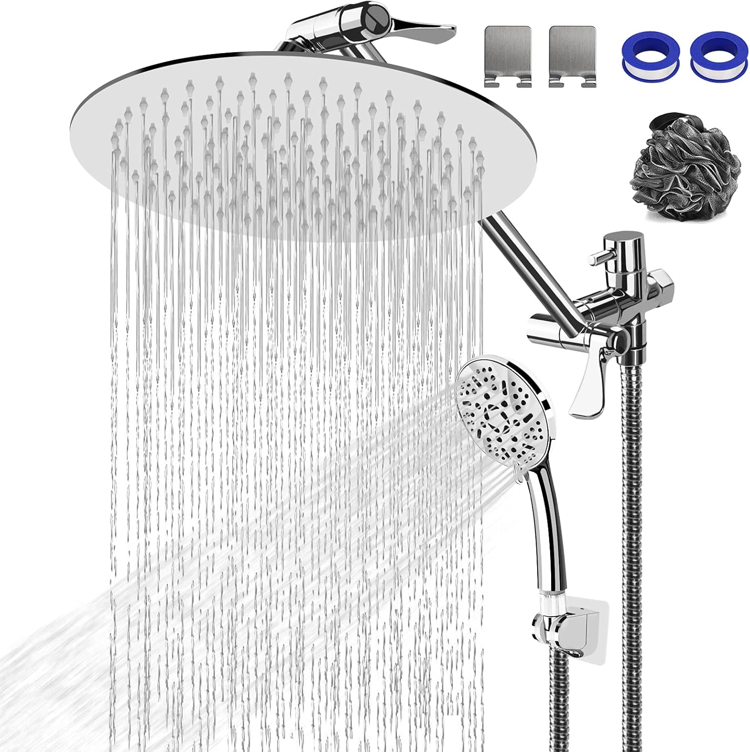 10" Rainfall Shower Head and 9-Setting High Pressure Handheld Shower Heads Combo, Dual ShowerHead with 11" Adjustable Extension Arm and 60" Stainless Hose R926