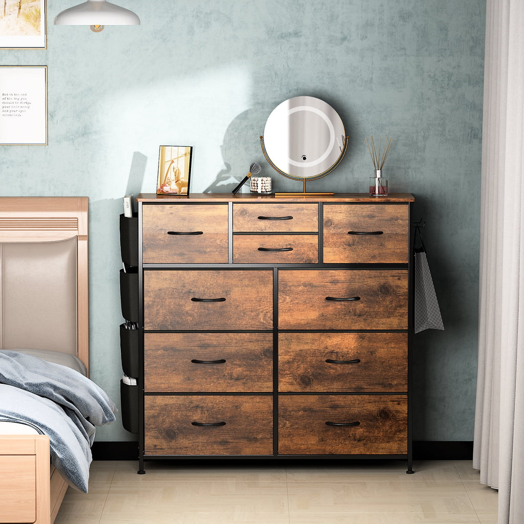 Brown 10 Drawer Fabric Dresser with Side Pockets and Hooks F656