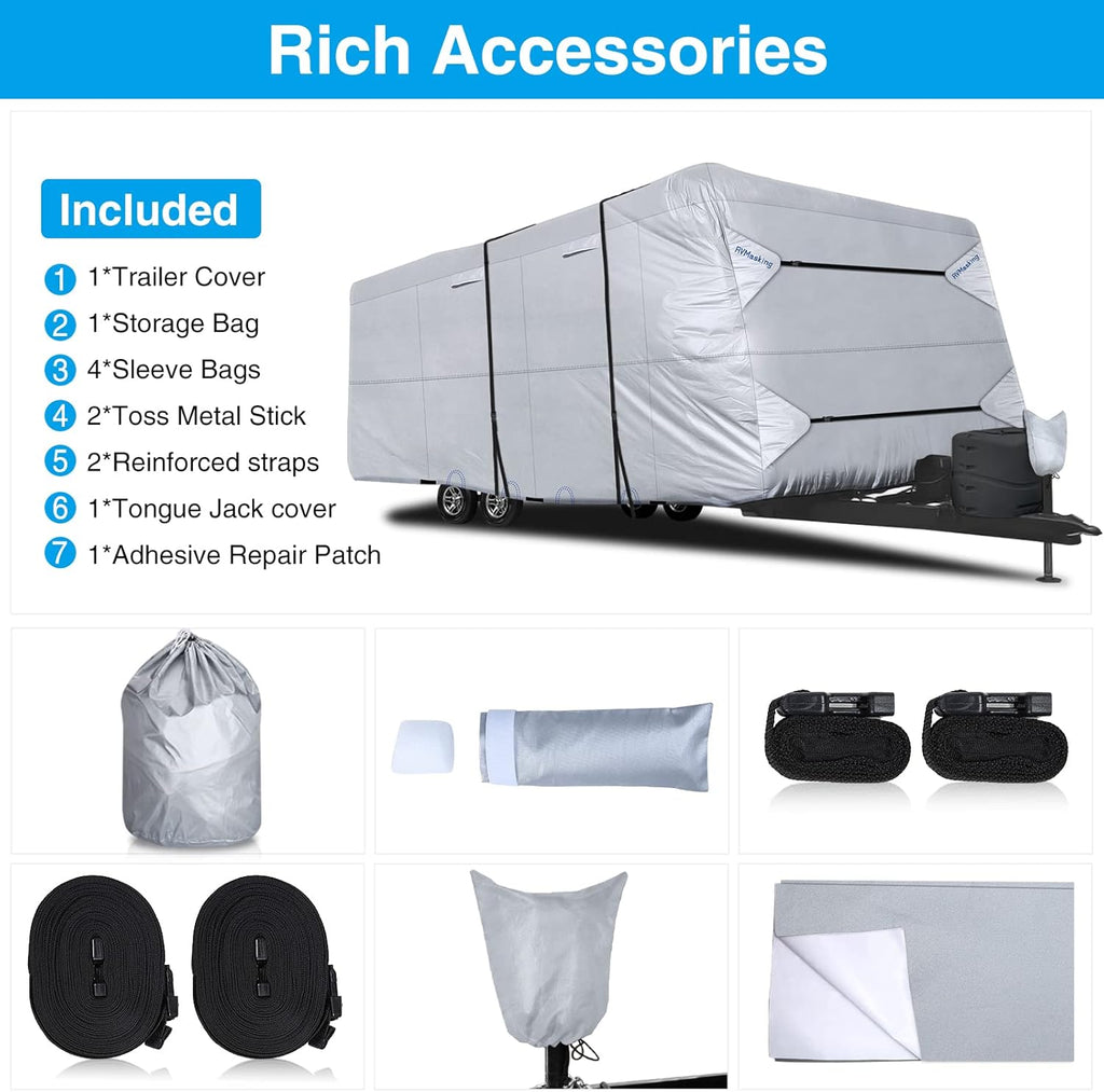 Rip-Stop RV Cover Fits 31'7" - 34' Long Motorhome, Waterproof Camper Cover with Gutter Covers, Adhensive Repair Patch Y529