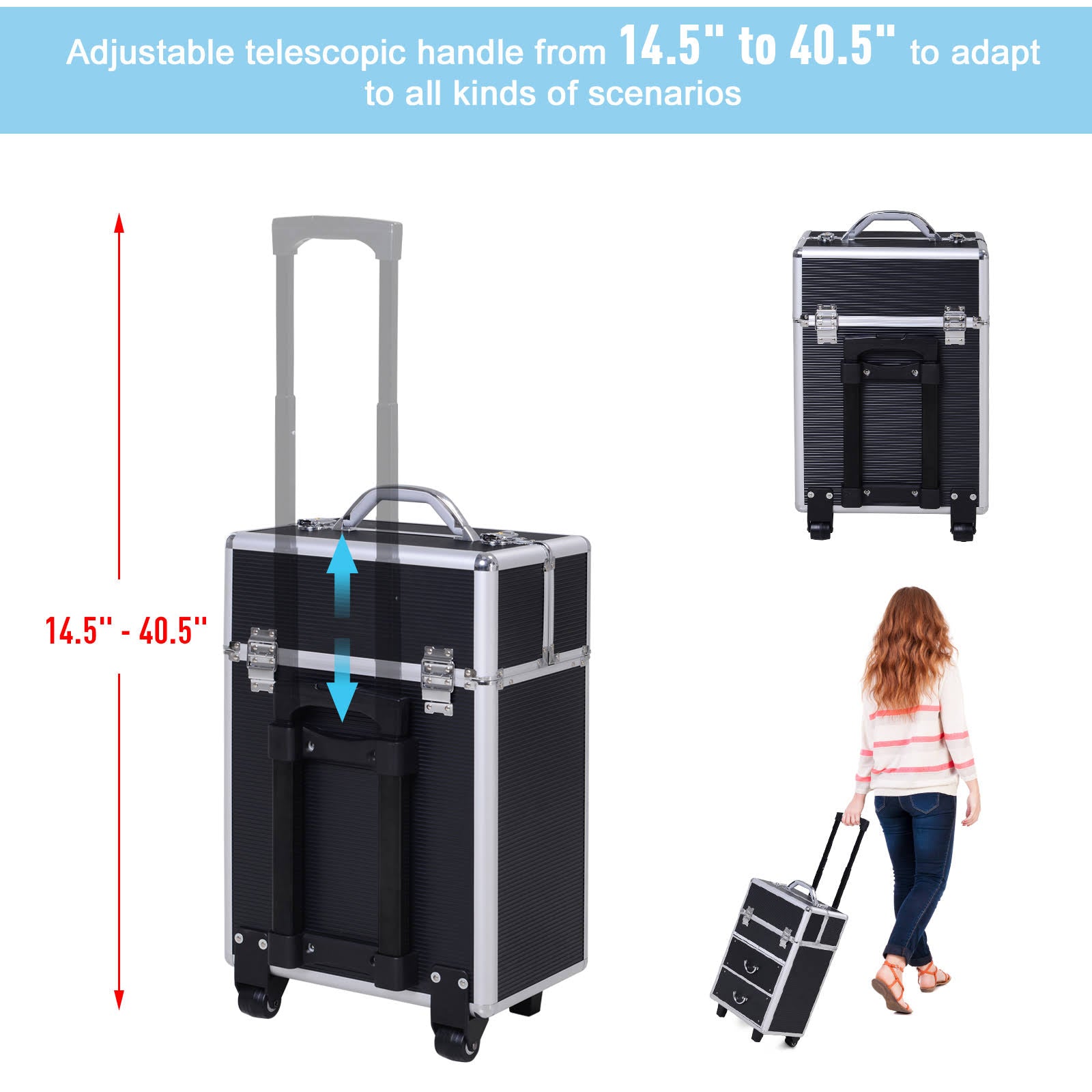 4 Tier Lockable Cosmetic Train Case with Extendable Trays Black N616370