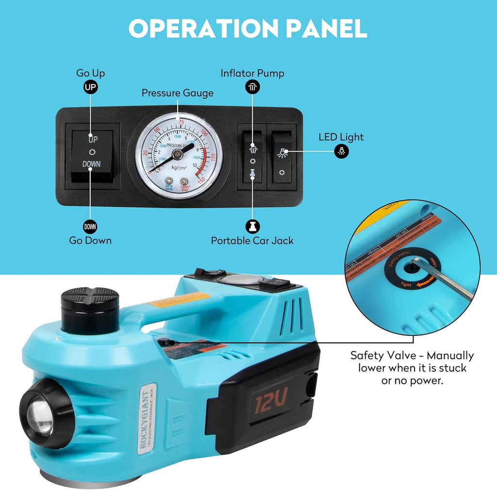 Electric Car Jack Kit 5 Ton Hydraulic Car Jack Lift with Power Wrench, Built-in Air Pump and LED Light, DC 12V Y999