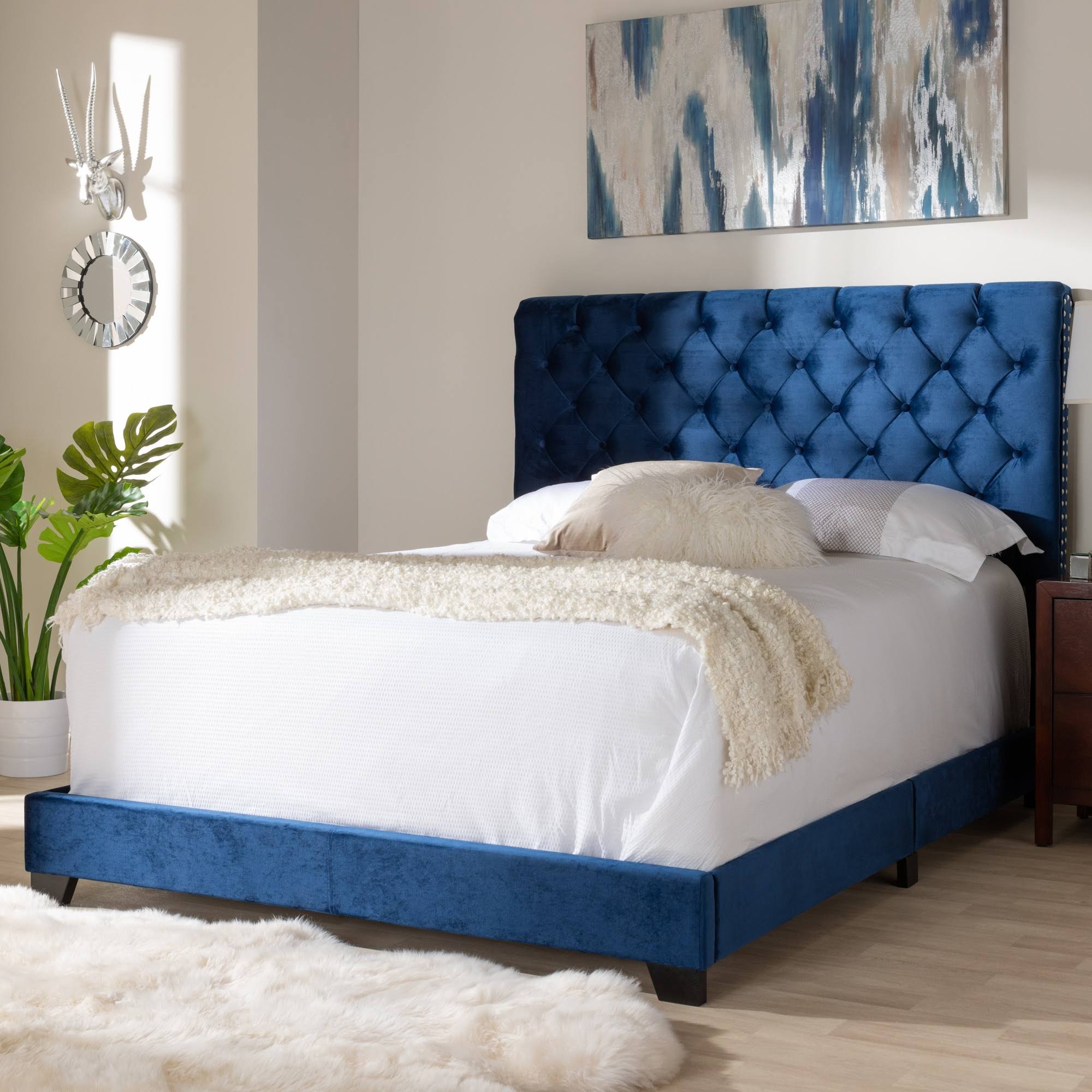 Navy Blue Velvet Upholstered Bed I389073
