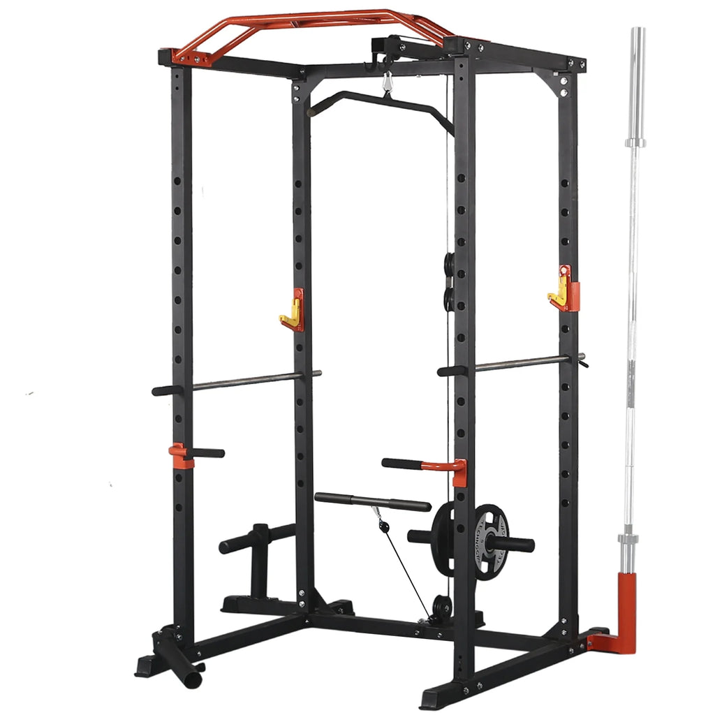 1400LBS Power Rack Cage with Cables, LAT Pulldown System, J-Hooks, Dip Bars, Pull-up Bar G9117