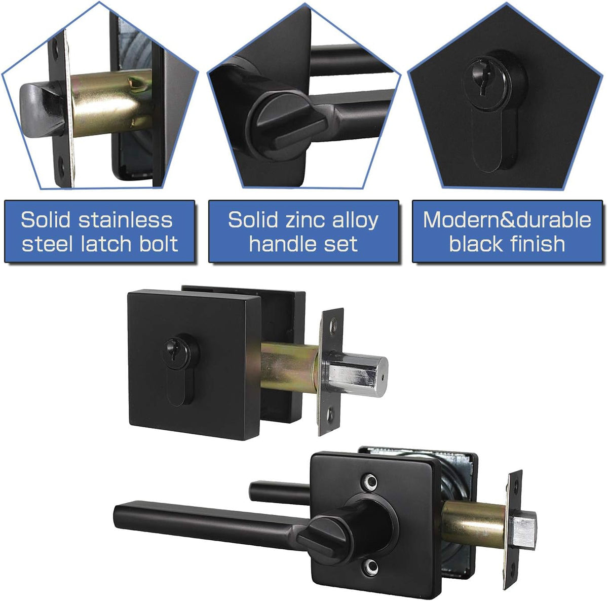 5 Pack Square Lever Handle for Closet Keyless Non-Locking Heavy Duty Interior Doors Passage Door Lever Black Finish Reversible Left or Right B826