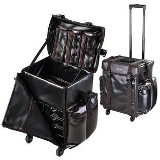 Black Soft-Sided Rolling Makeup Case PU Cosmetic Train Bag F467