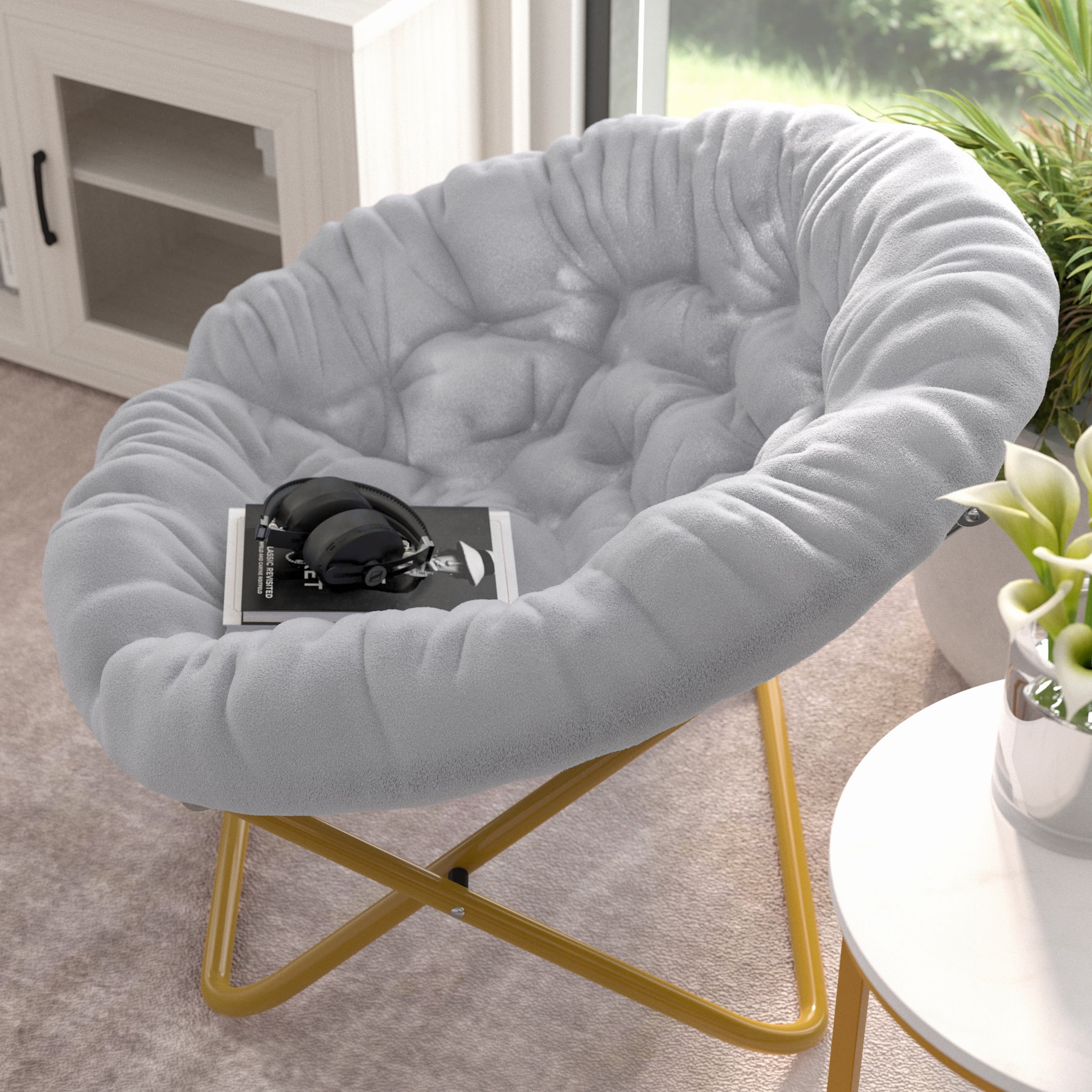 Oversize Folding Saucer Chair with Faux Fur Upholstery in Gray with Metal Frame X544710