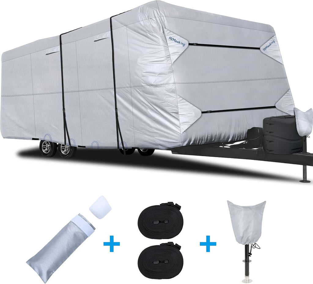 Rip-Stop RV Cover Fits 31'7" - 34' Long Motorhome, Waterproof Camper Cover with Gutter Covers, Adhensive Repair Patch Y529