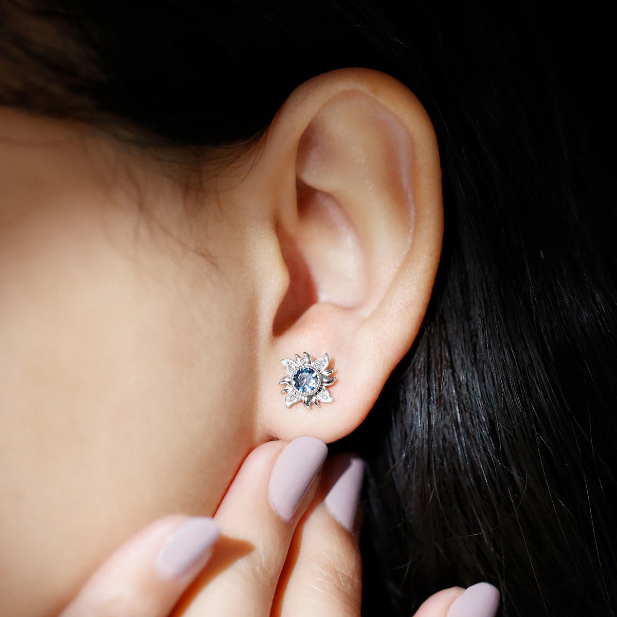 London Blue Topaz Sunburst Stud Earrings with Diamond, 925 Sterling Silver V784