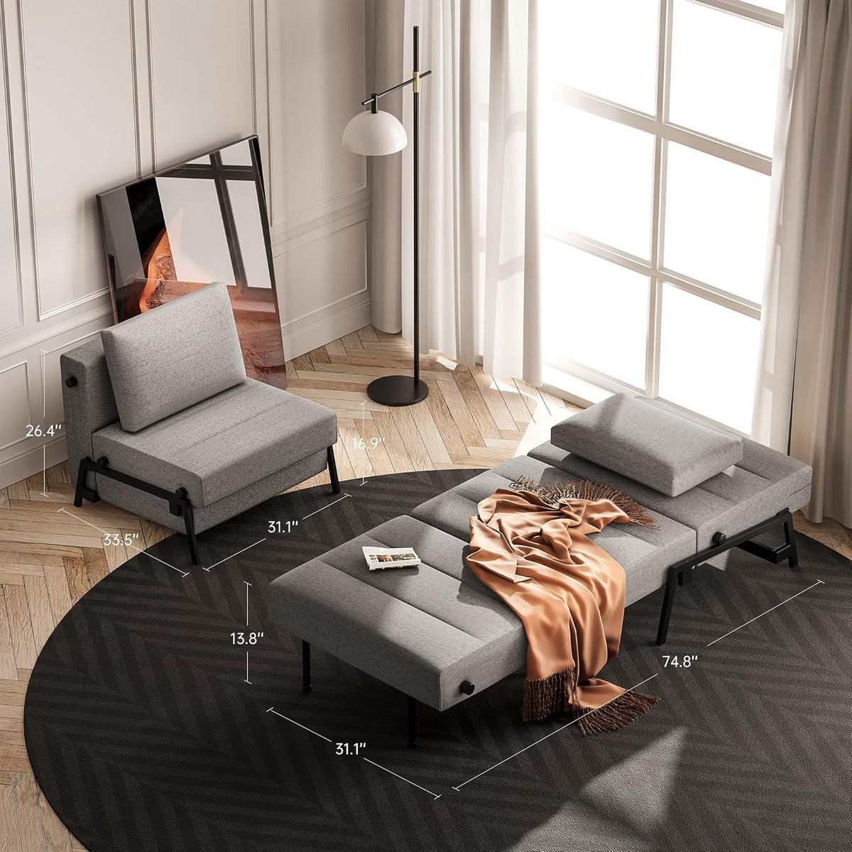 Light Gray Linen Convertible Sofa Bed W372866