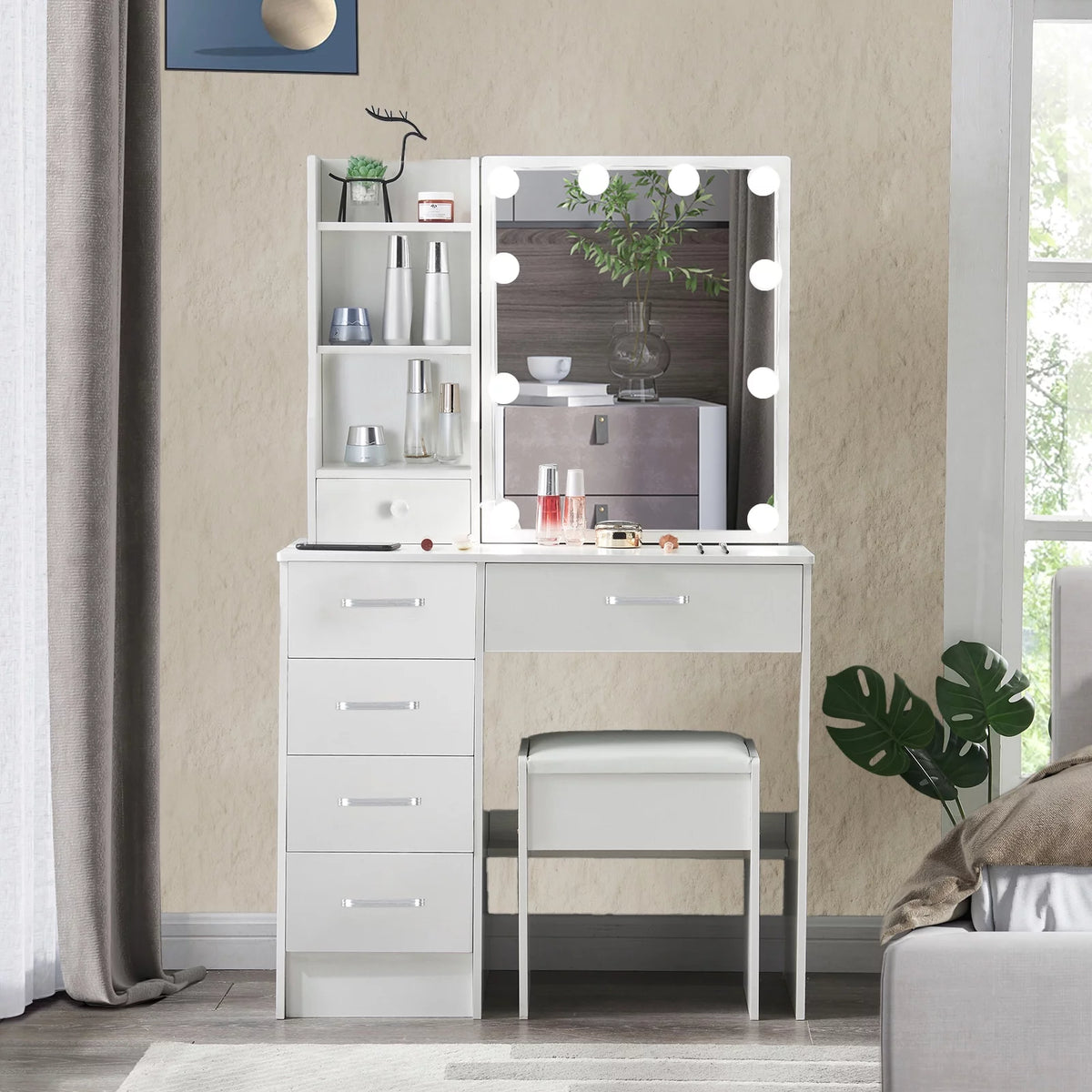 White Vanity Desk with LED Lighted Sliding Mirror and Stool N969