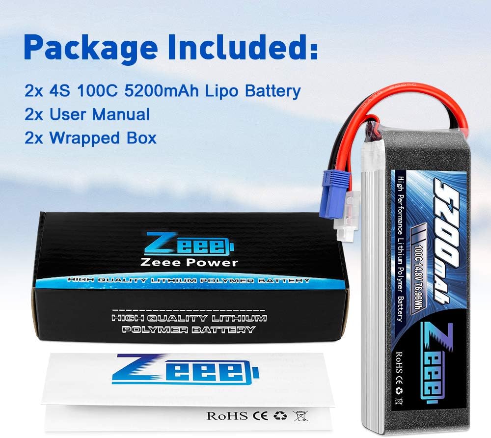 4S Lipo Battery 14.8V 5200mAh 100C EC5 Plug Soft Case 2 Pack S626