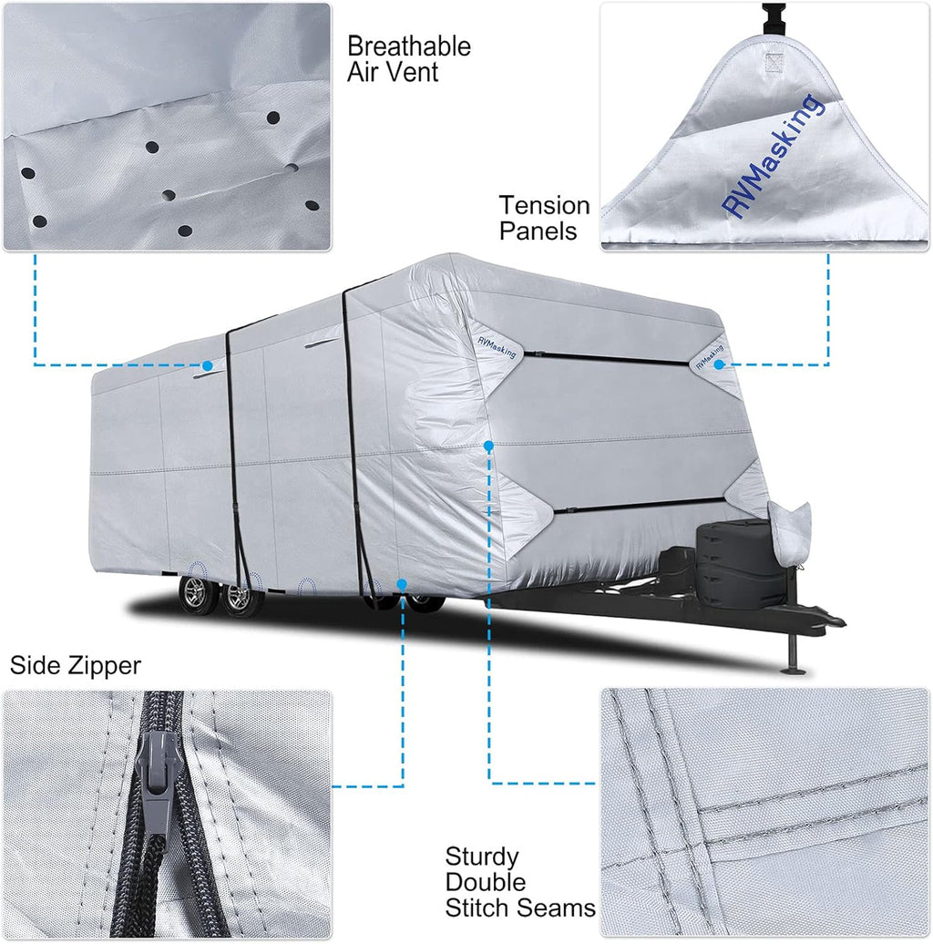 Rip-Stop RV Cover Fits 31'7" - 34' Long Motorhome, Waterproof Camper Cover with Gutter Covers, Adhensive Repair Patch Y529