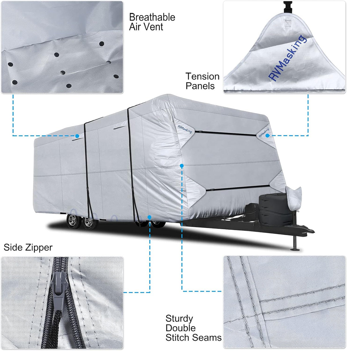 Rip-Stop RV Cover Fits 31'7" - 34' Long Motorhome, Waterproof Camper Cover with Gutter Covers, Adhensive Repair Patch Y529