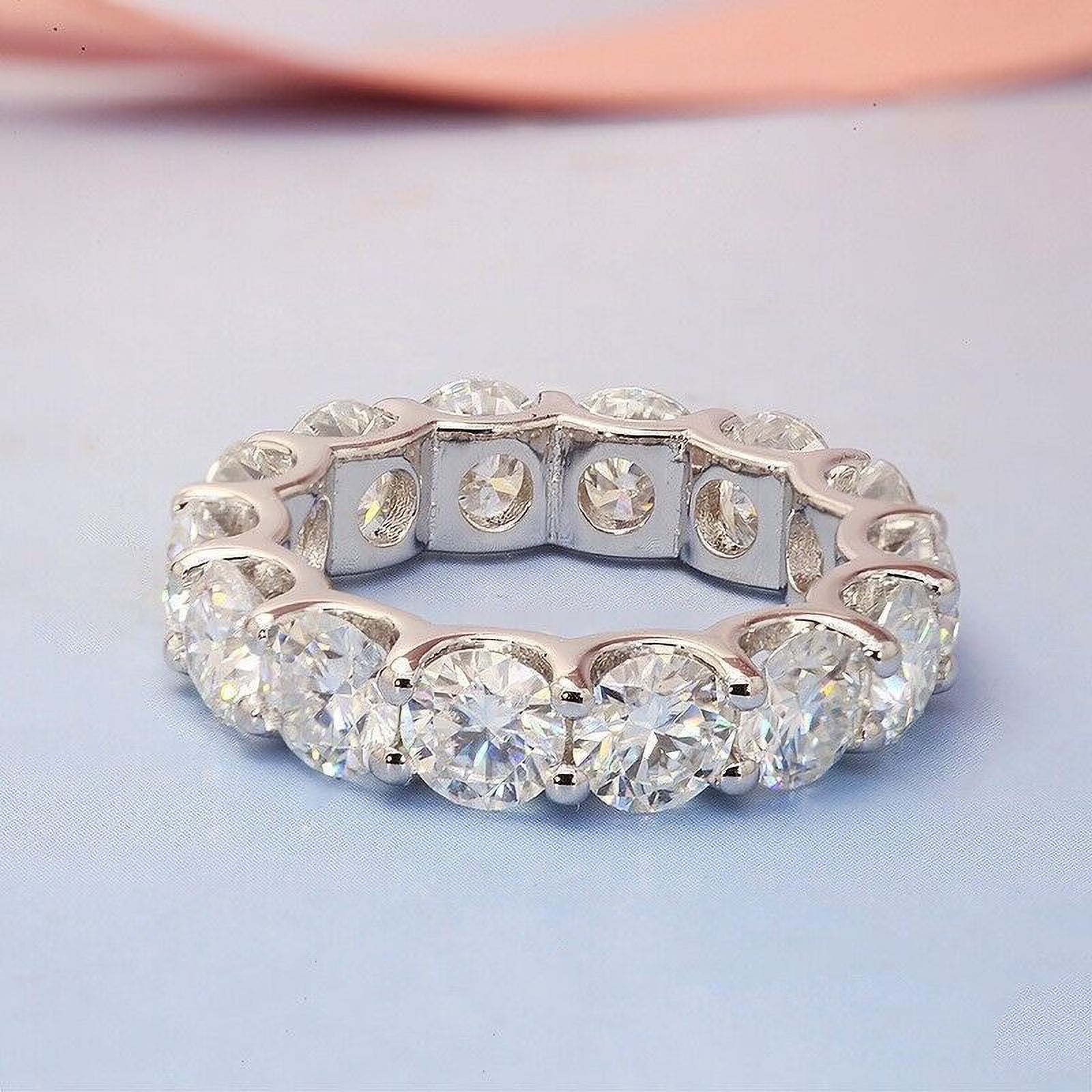 14K White Gold Plated Moissanite Eternity Band Ring V356