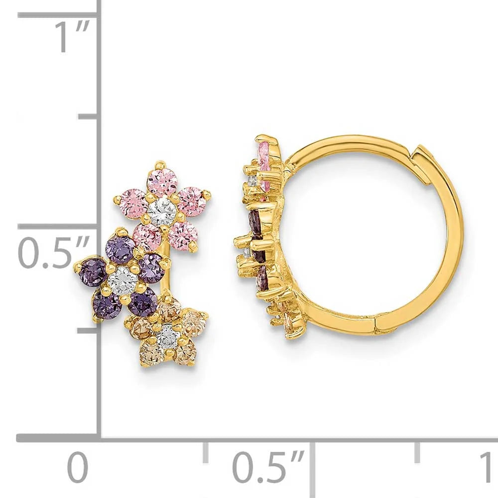 14K Yellow Gold Hinged Flower Multicolor CZ Hoop Earrings K581895
