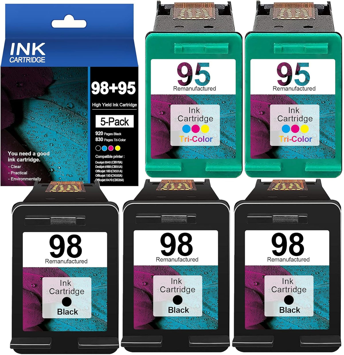 5-Pack Ink Cartridge Replacement for HP Printers (3 Black+2 Tri-Color) V6363