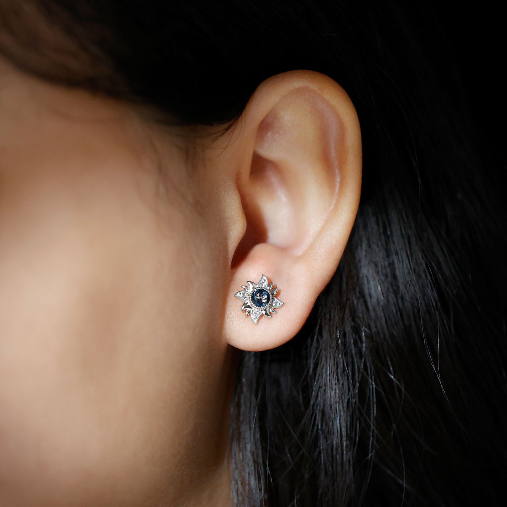 London Blue Topaz Sunburst Stud Earrings with Diamond, 925 Sterling Silver V784