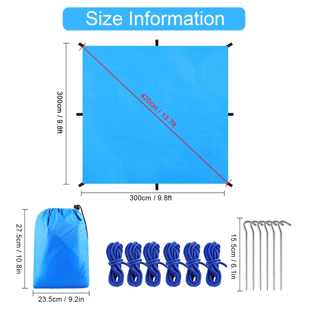 9.8 * 9.8ft Waterproof Camping Tarp Sunshade Rain Shelter Lightweight Tarpaulin Canopy E8395