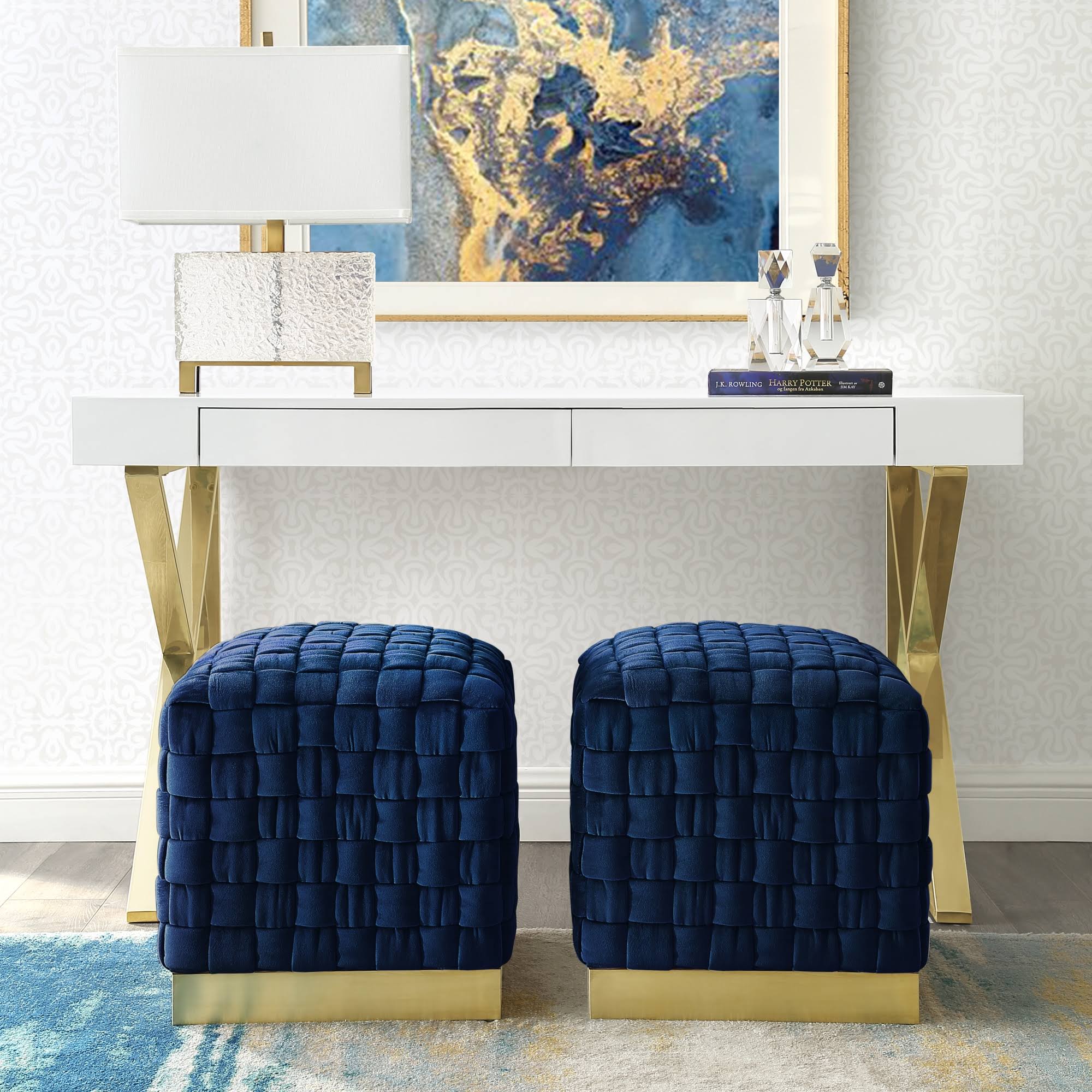 Navy Gold Velvet Cube Ottoman A843