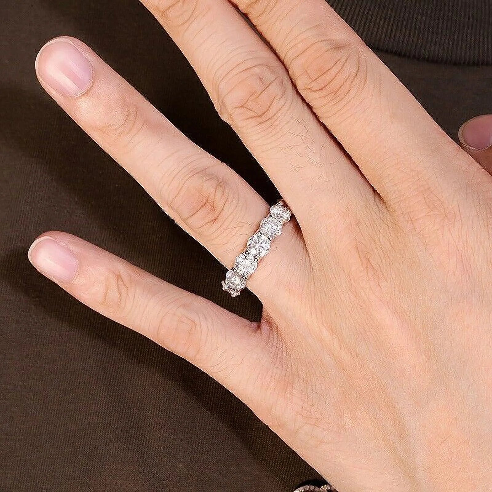 14K White Gold Plated Moissanite Eternity Band Ring V356