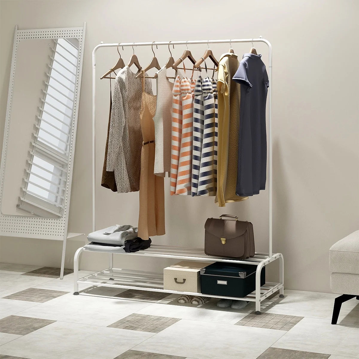 White Metal Garment Rack with Shelves U280373