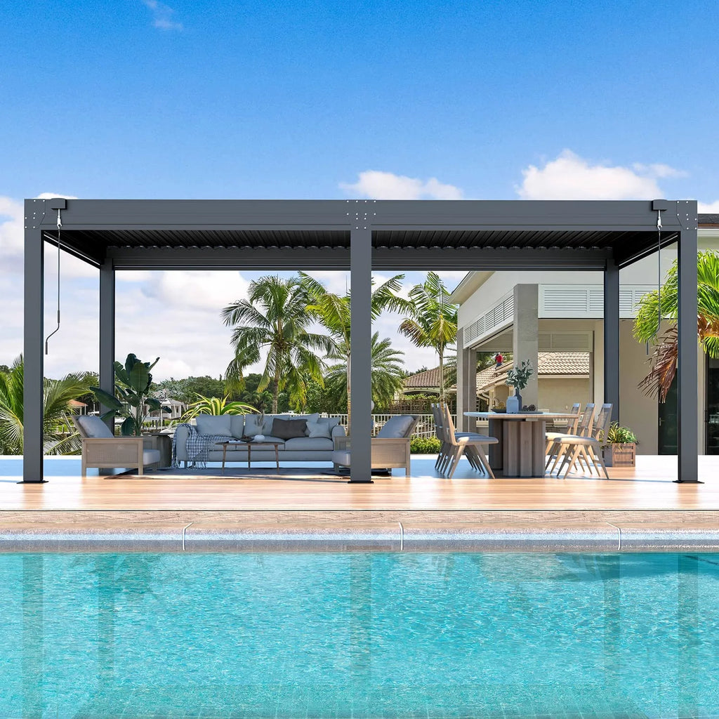 10×20 FT Aluminum Louvered Pergola with 6-Panel Pull-Down Privacy Screen P2849