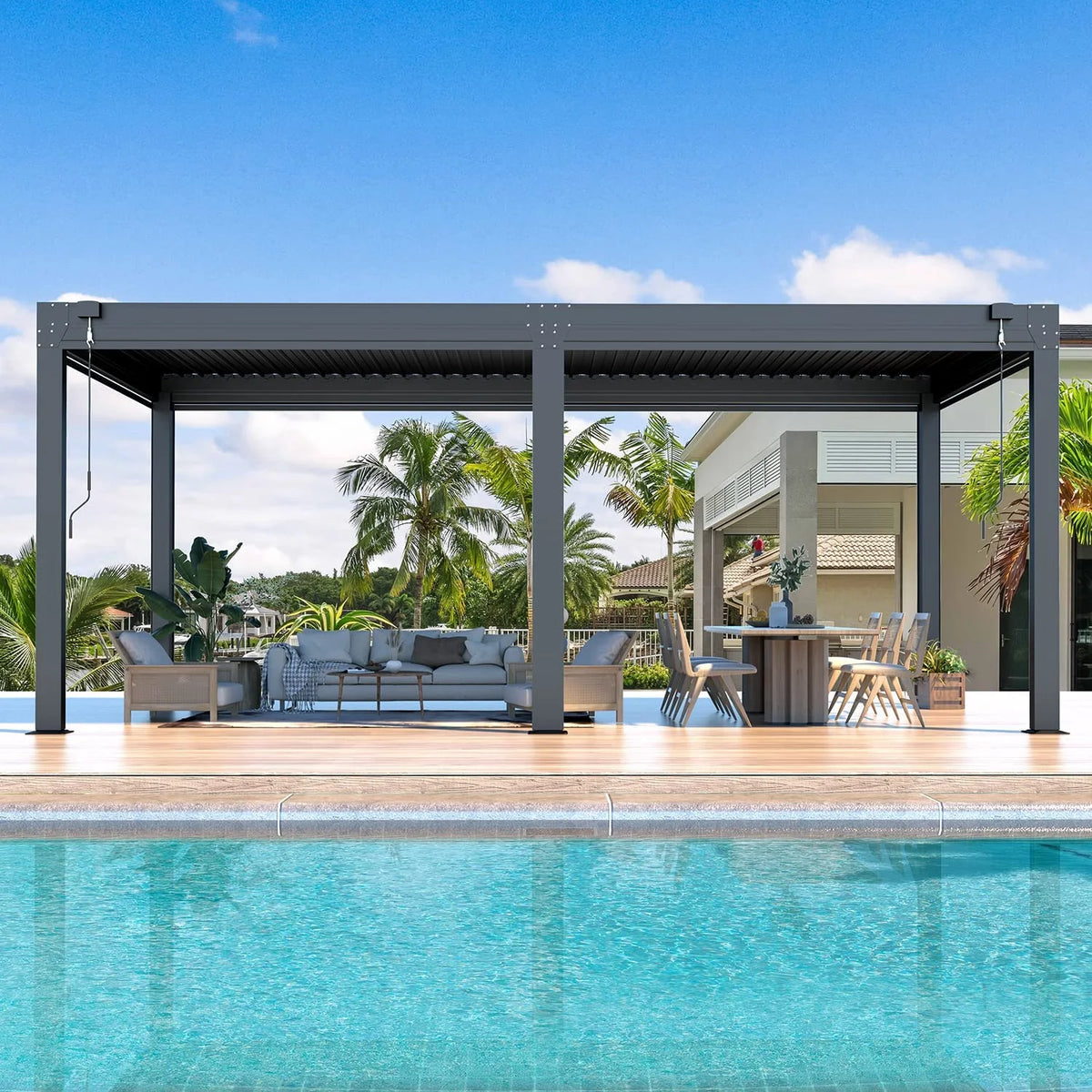 10×20 FT Aluminum Louvered Pergola with 6-Panel Pull-Down Privacy Screen P2849