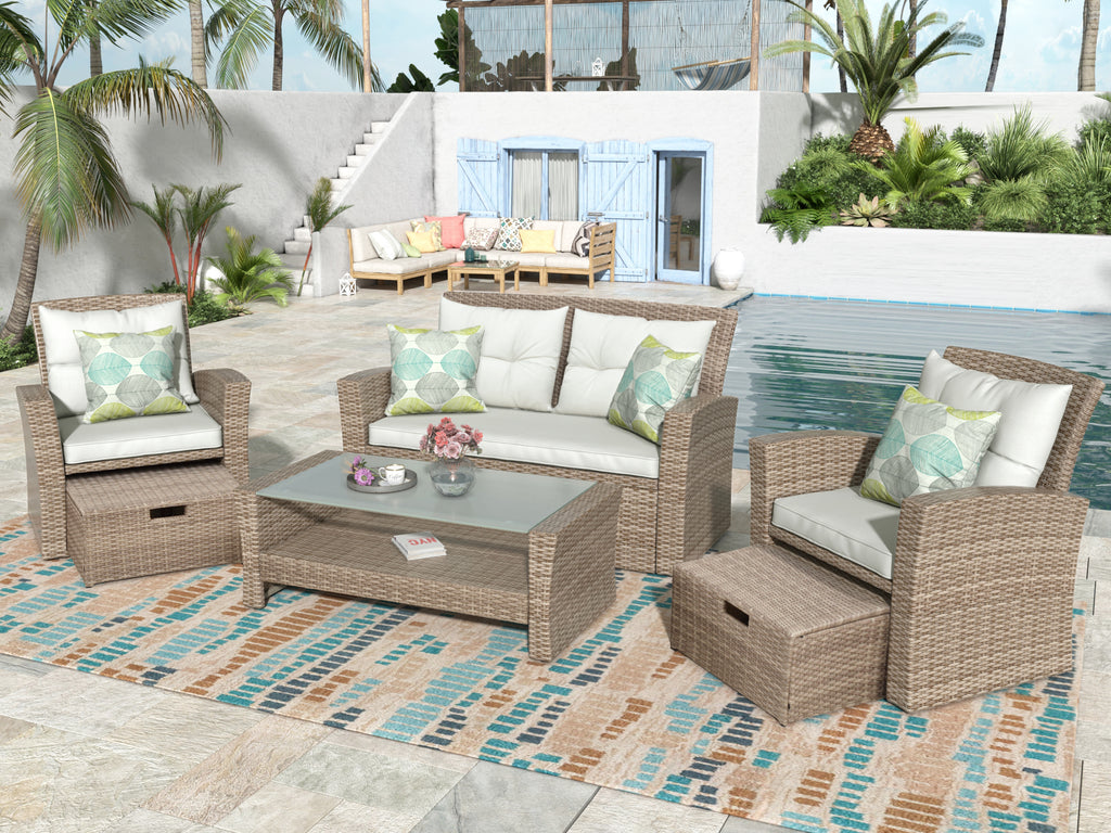 Patio Furniture Set of 4 Rattan Conversation Furniture with Ottoman and Glass Table G210959