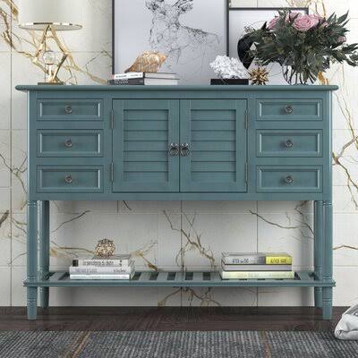 Green 6 Drawer Console Table with Cabinet and Shelf M309668