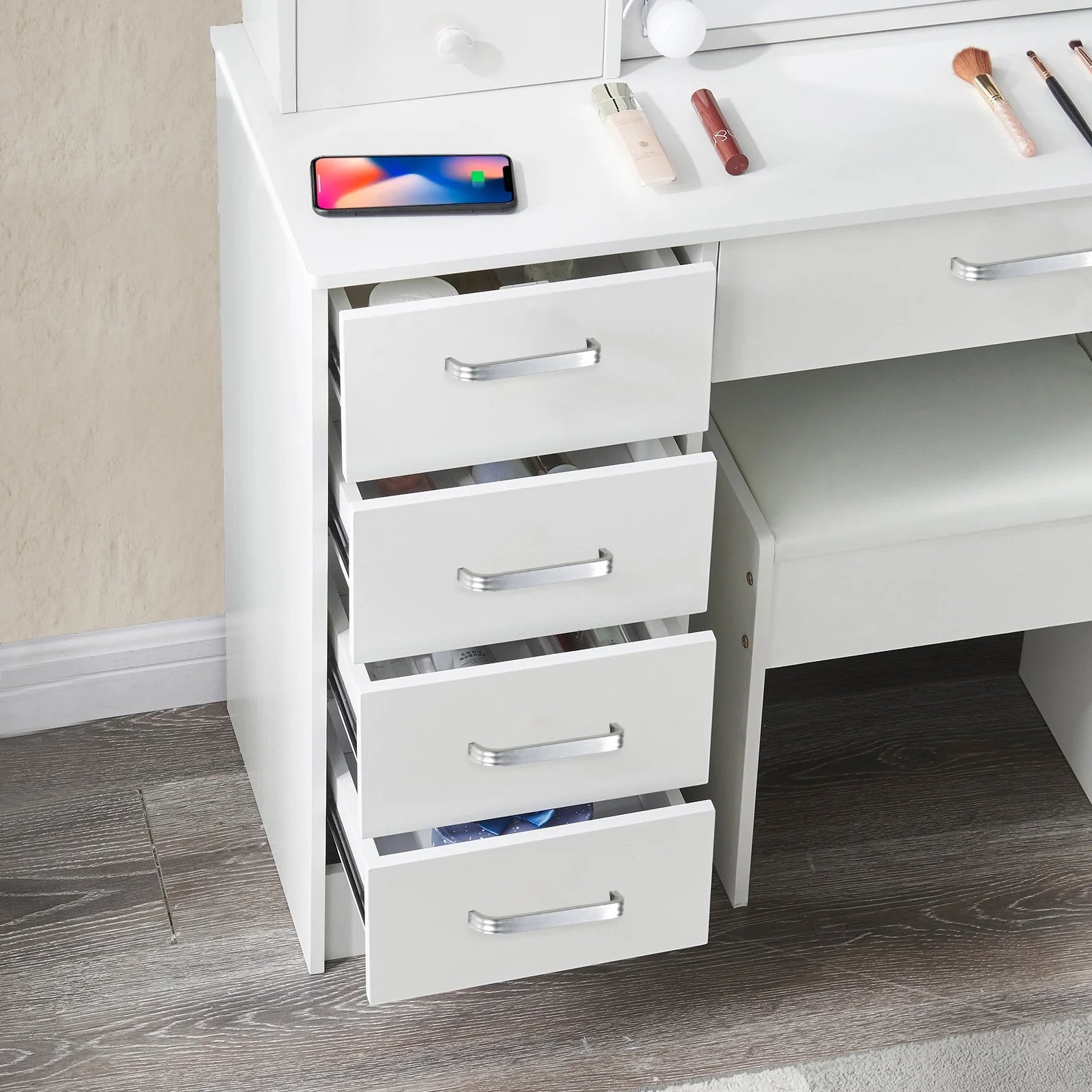 White Vanity Desk with LED Lighted Sliding Mirror and Stool N969