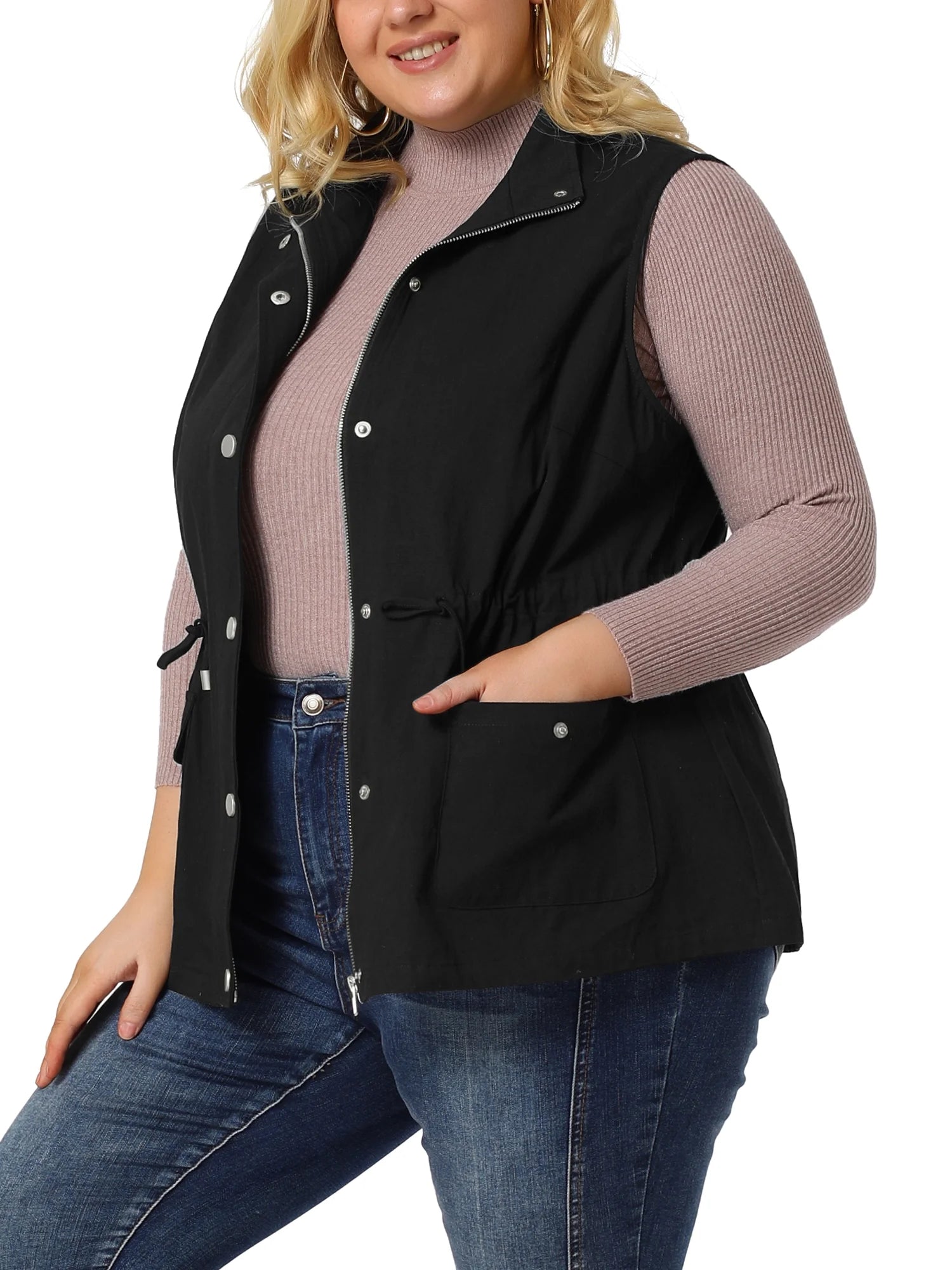 Plus Size Drawstring Waist Cargo Pocket Vest Jacket F800536