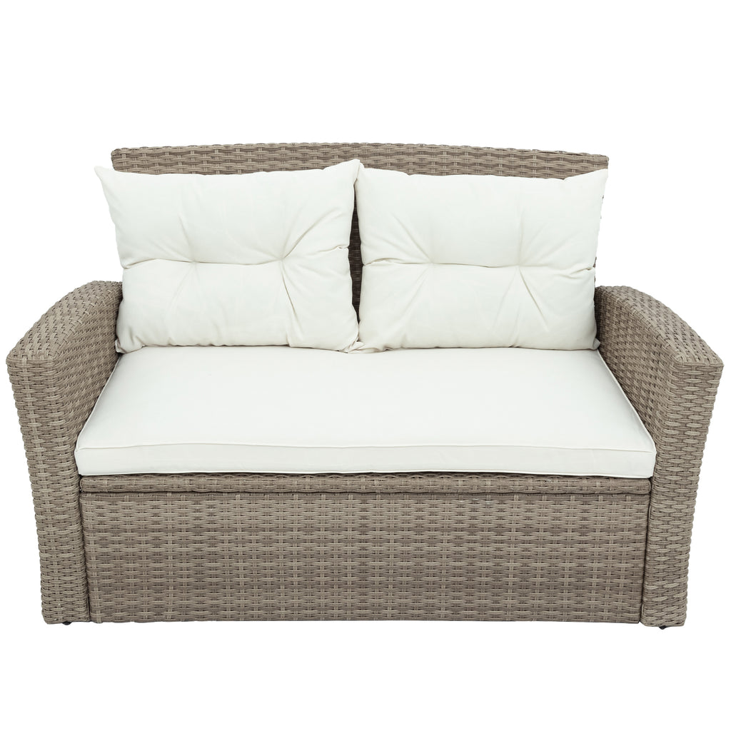 Patio Furniture Set of 4 Rattan Conversation Furniture with Ottoman and Glass Table G210959