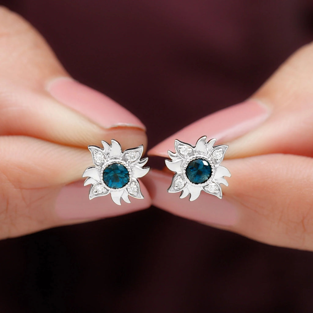 London Blue Topaz Sunburst Stud Earrings with Diamond, 925 Sterling Silver V784