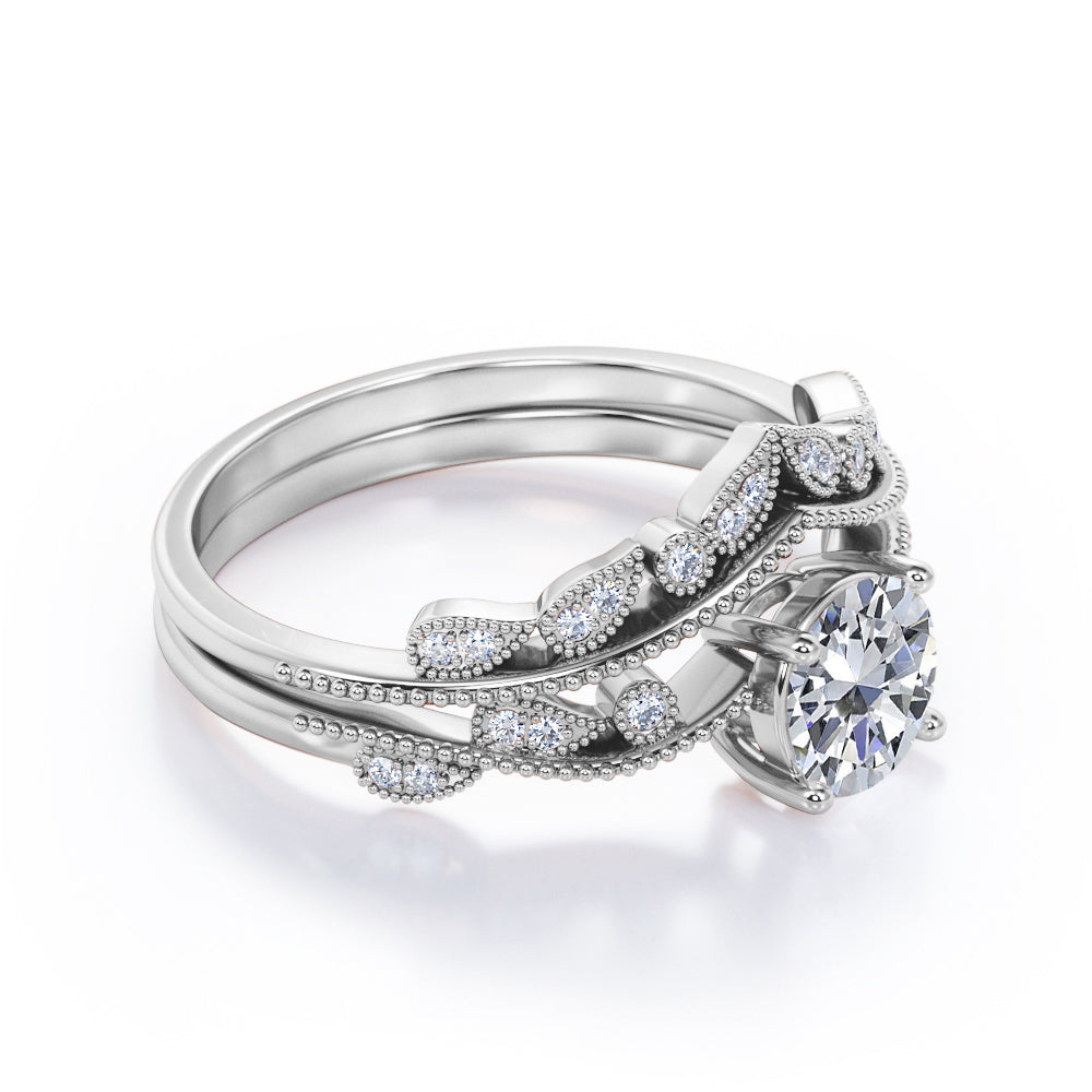 1.50 Carat Round Cut Moissanite and Real Diamond Bridal Ring Set C246