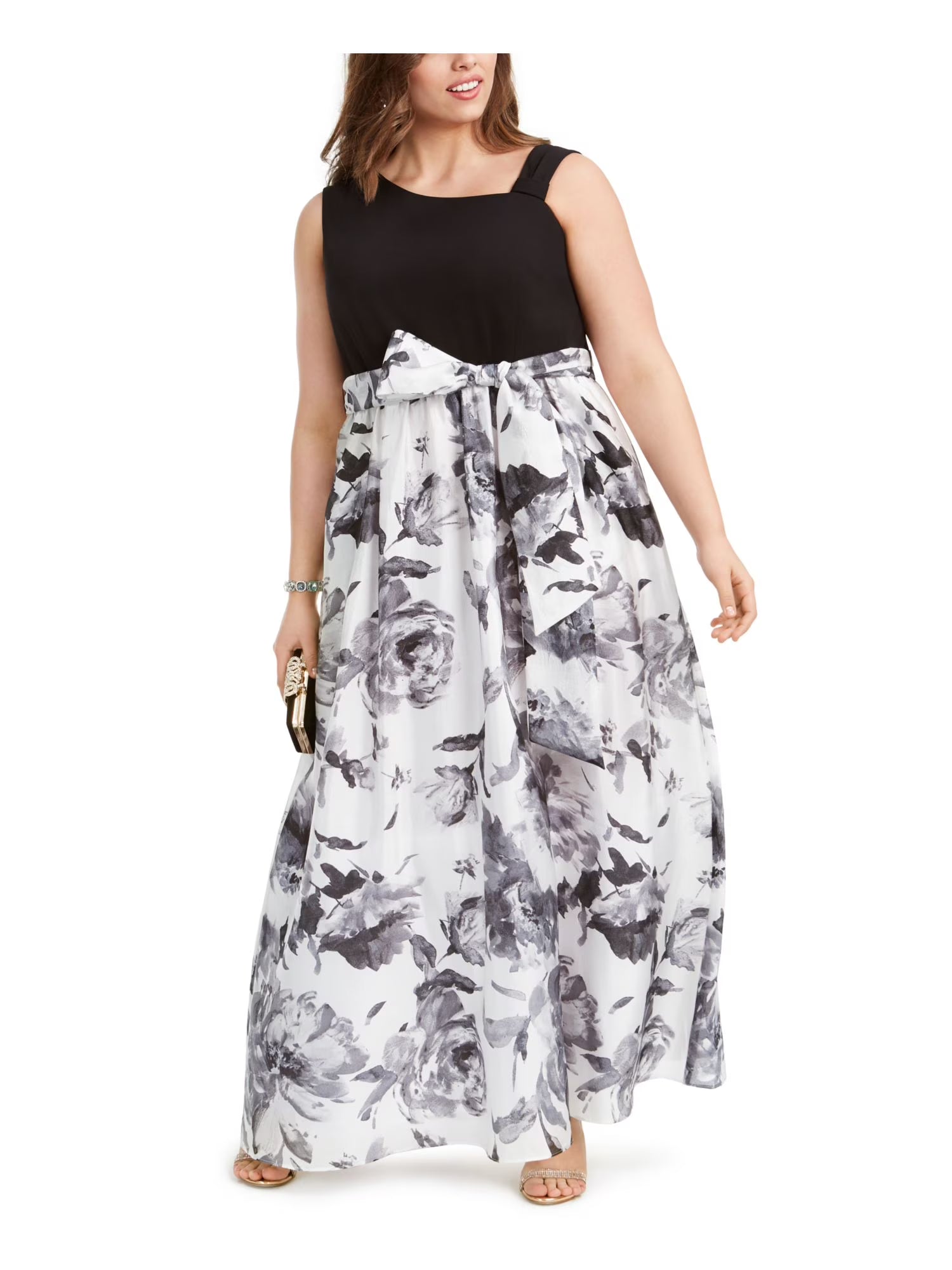 Black Belted Floral Sleeveless Full-Length Fit + Flare Dress Plus 18W Q73006