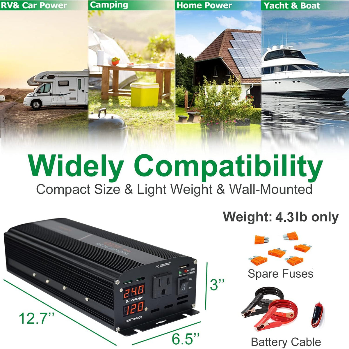 Power Inverter 1000W Pure Sine Wave 24v to 110v 120v Surge 2000 Watt Converter dc to ac with Cigarette Lighter Z487292