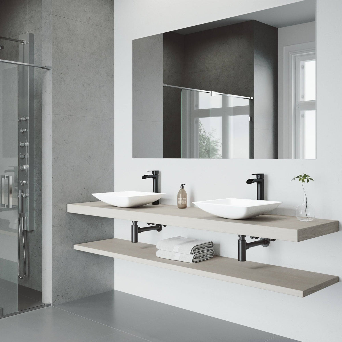Matte Stone Vessel Bathroom Sink Set with Vessel Faucet in Matte Black L247940