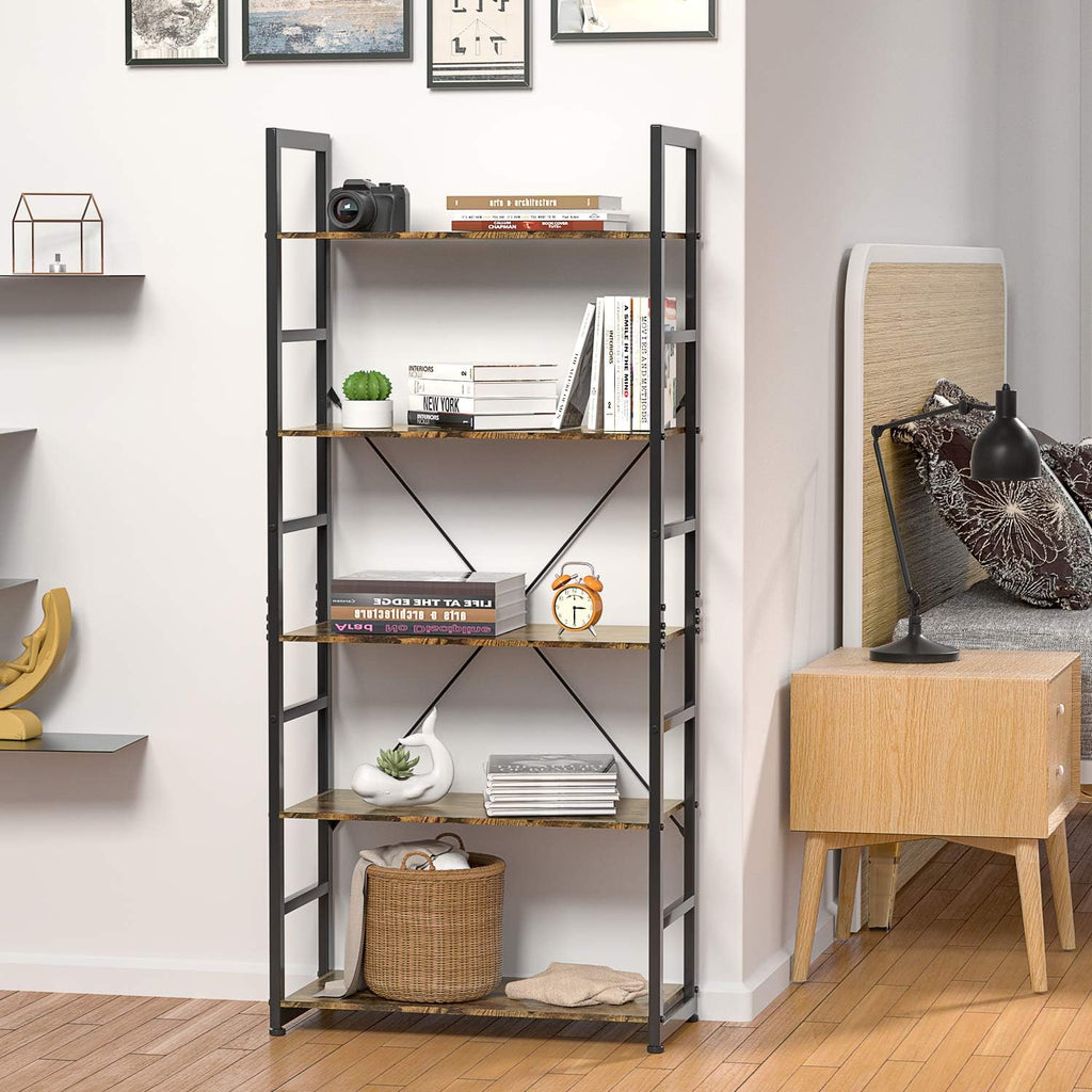 Rustic Brown 5 Tier Wooden and Metal Bookshelf M5008