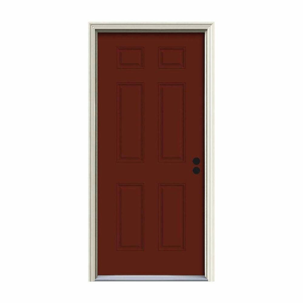 34 in. x 80 in. 6-Panel Red Painted Steel Prehung Left-Hand Inswing Front Door with Brickmould G2363