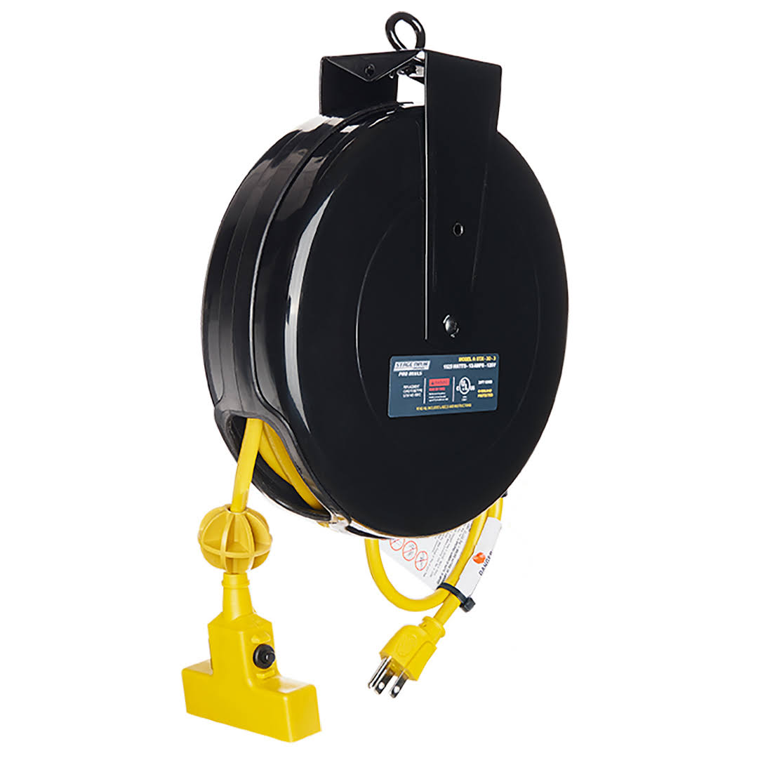 Yellow 30 ft Retractable Triple Tap Power Cable Reel T49625