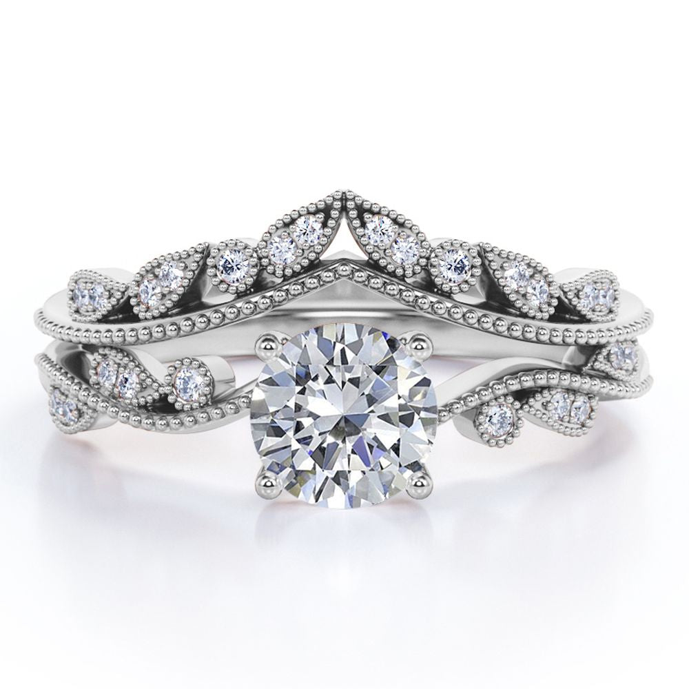 1.50 Carat Round Cut Moissanite and Real Diamond Bridal Ring Set C246